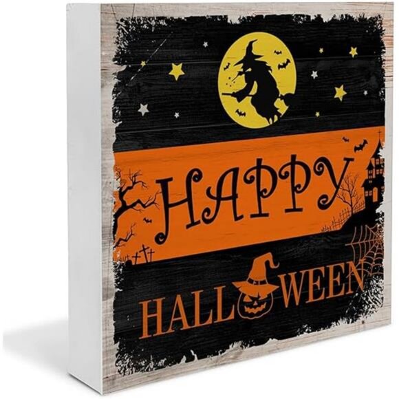 Witch Decor Halloween Wood Sign Happy Halloween Decorations Table Desk 5x5 Inch - Picture 8 of 8
